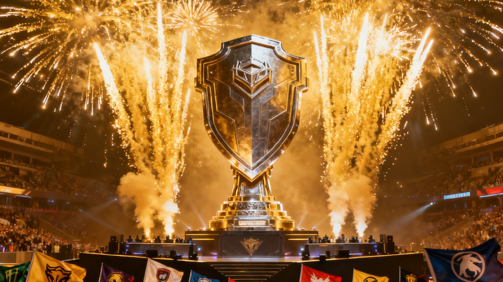DOTA2国际邀请赛TI赛事现场，舞台中央升起冠军神盾的立体装置，周围喷射出金色烟火，台下观众举着各队旗帜热情呐喊