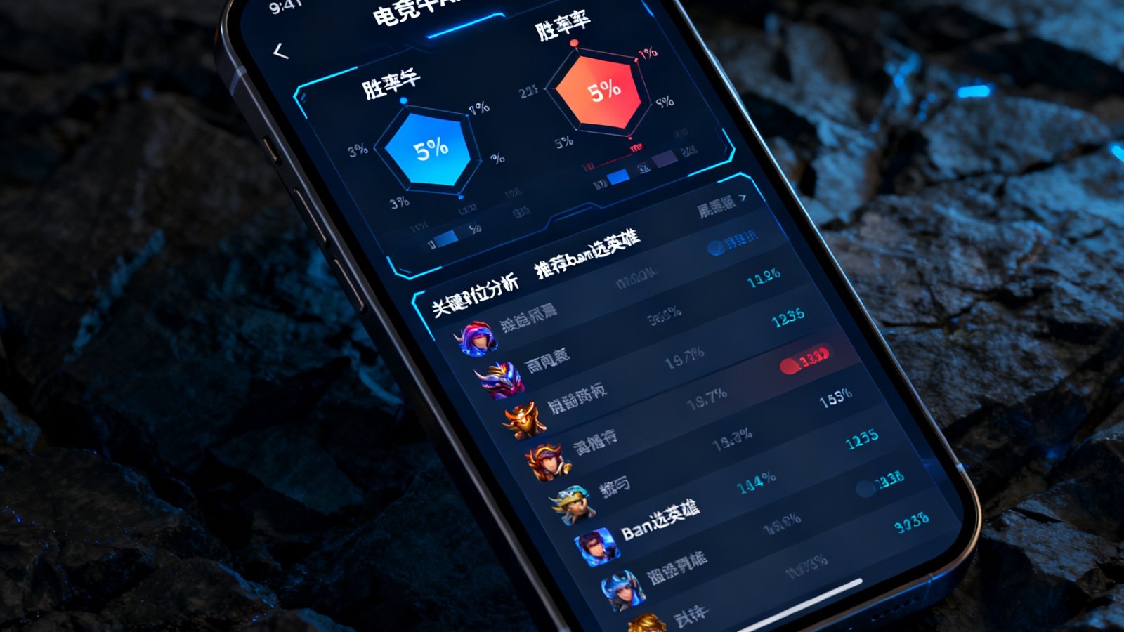 一部智能手机屏幕展示电竞牛APP5.0版本的AI预测功能界面，界面上显示着两队胜率百分比对比图、关键对位分析和推荐ban选英雄列表